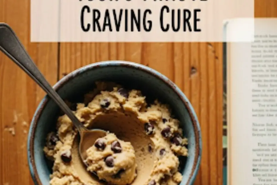 Text overlay "The Ultimate Cookie Dough for One" on a cozy, inviting image of a single serving of chocolate chip cookie dough in a small ceramic bowl or mug, with a spoon sticking out.