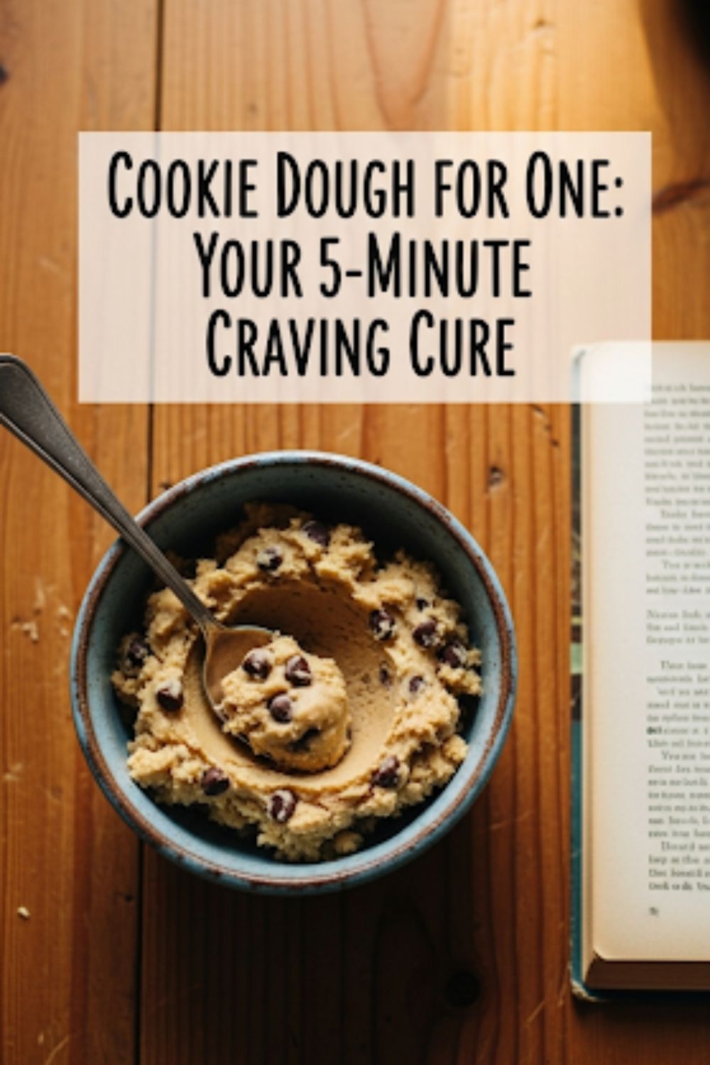 Text overlay "The Ultimate Cookie Dough for One" on a cozy, inviting image of a single serving of chocolate chip cookie dough in a small ceramic bowl or mug, with a spoon sticking out.