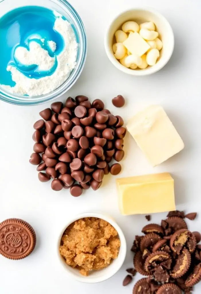 A neat flat lay collage of ingredients for cookie monster cookies: a bowl of flour, blue gel food coloring, chocolate chips (white and semi-sweet), softened butter, brown sugar, and crushed chocolate sandwich cookies.