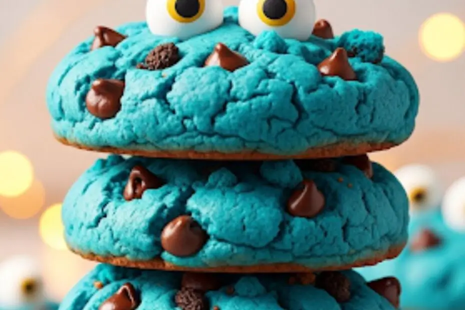 Text overlay "The Ultimate Cookie Monster Cookies" over a vibrant image of a stack of bright blue cookies, studded with chocolate chips and cookie crumbs, with a couple of candy eyes.