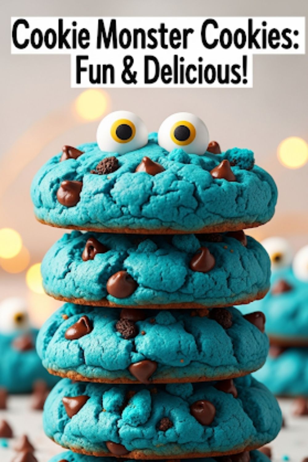 Text overlay "The Ultimate Cookie Monster Cookies" over a vibrant image of a stack of bright blue cookies, studded with chocolate chips and cookie crumbs, with a couple of candy eyes.
