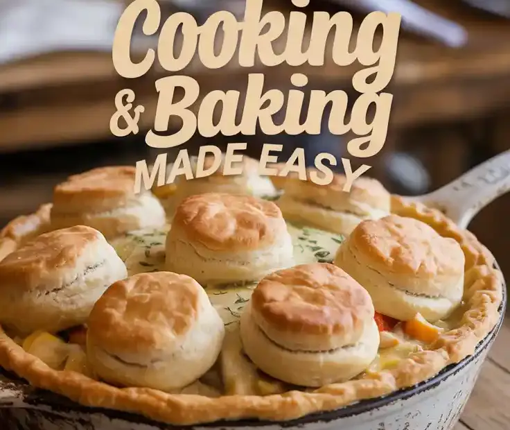 A delicious homemade chicken pot pie with a golden-brown biscuit topping, representing the combination of cooking and baking.