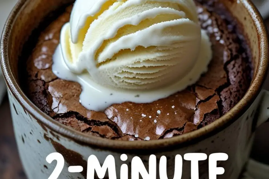 A delicious and fudgy brownie de caneca in a ceramic mug, topped with a melting scoop of vanilla ice cream.