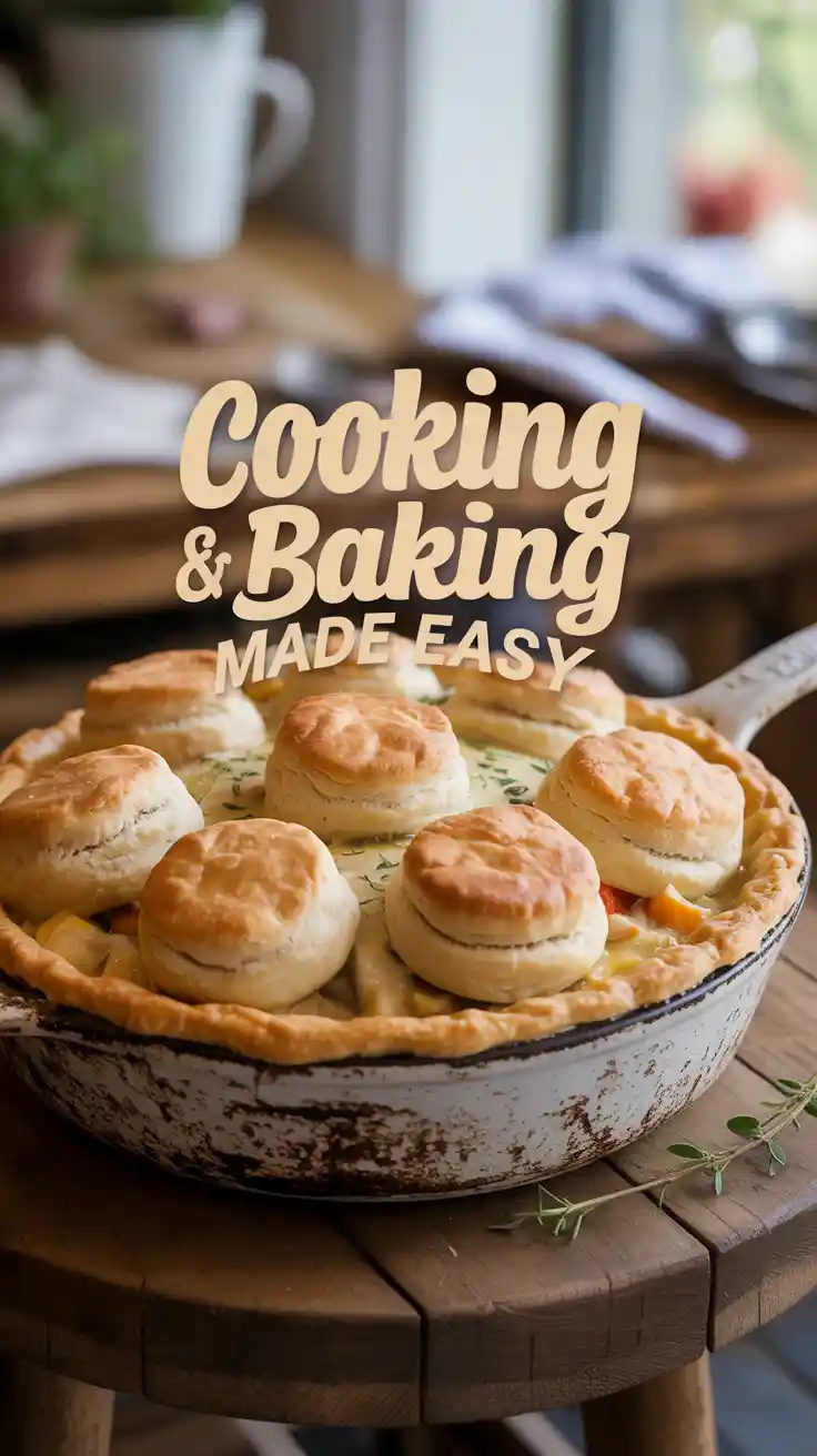 A delicious homemade chicken pot pie with a golden-brown biscuit topping, representing the combination of cooking and baking.