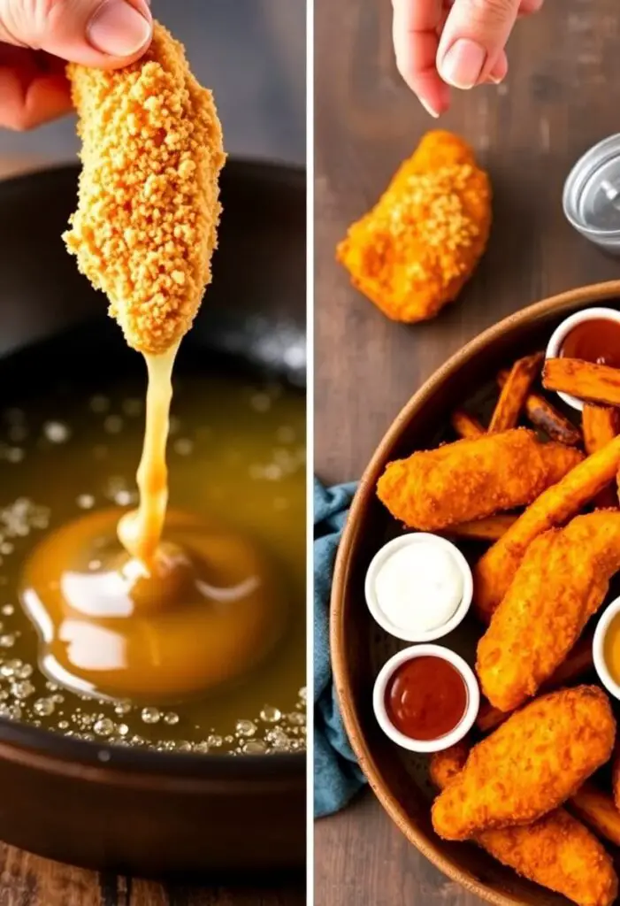 The process of frying homemade chicken tenders and the final plated dish served with fries and dipping sauces.