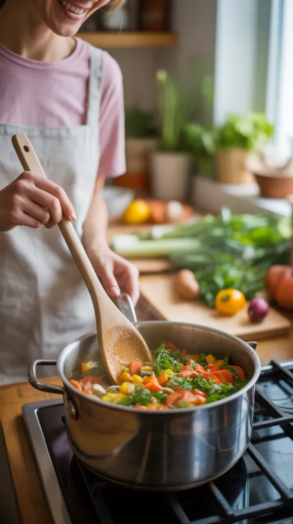 A person happily cooking a quick gluten-free dinner in a sunlit kitchen, showing the joy and ease of making healthy meals.