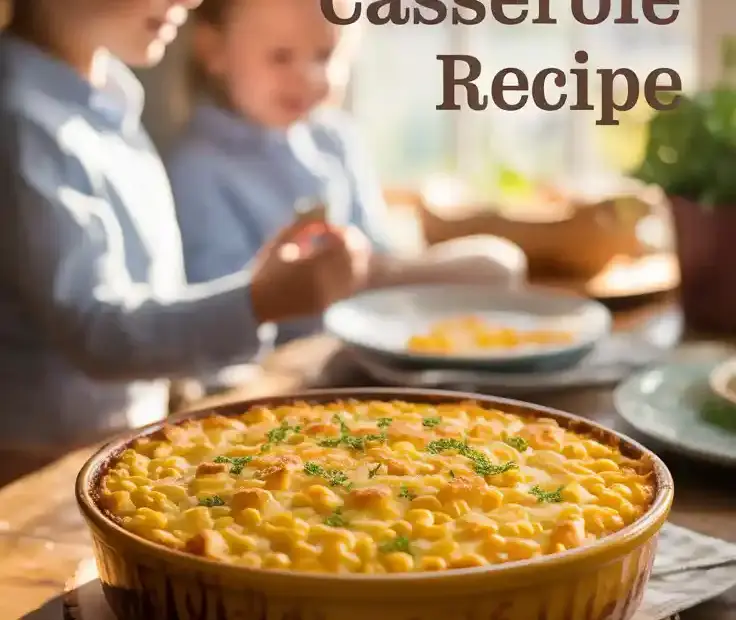 Text Overlay: "EASIEST CORN CASSEROLE RECIPE" on a warm, inviting image of a golden-baked corn casserole in a rustic dish.