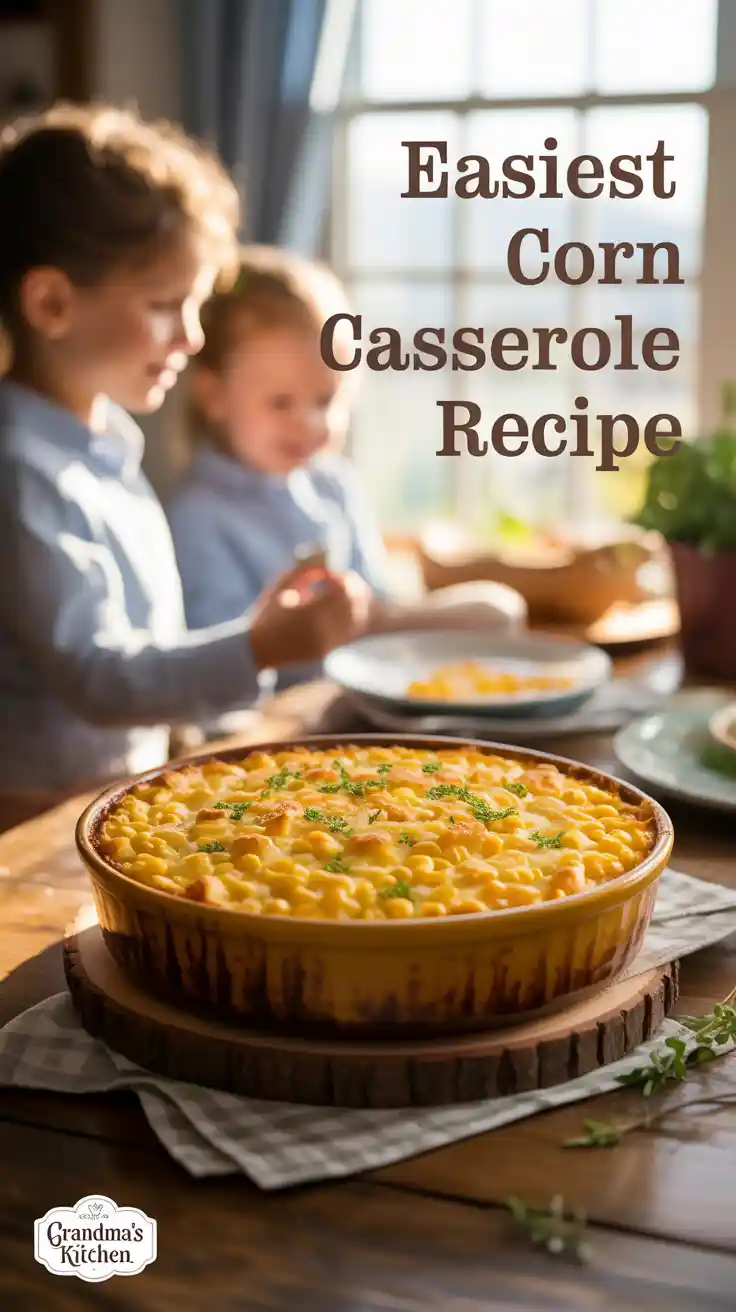 Text Overlay: "EASIEST CORN CASSEROLE RECIPE" on a warm, inviting image of a golden-baked corn casserole in a rustic dish.