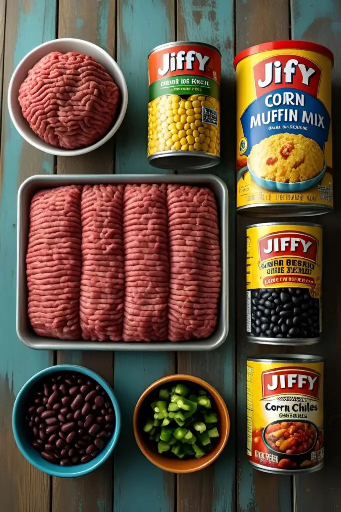 A rustic flat lay of ingredients for cowboy cornbread casserole: ground beef, corn muffin mix, canned goods (corn, beans, tomatoes), an onion, pepper, and shredded cheese on a wooden surface.