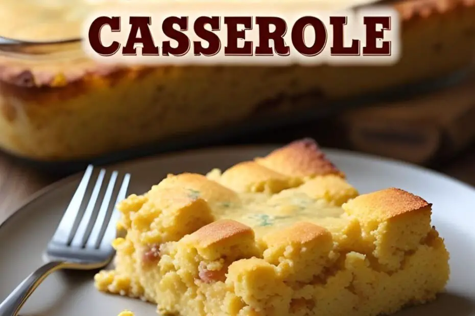 Text Overlay: "EASY COWBOY CORNBREAD CASSEROLE" on a rustic, appetizing image of the baked casserole with visible layers.