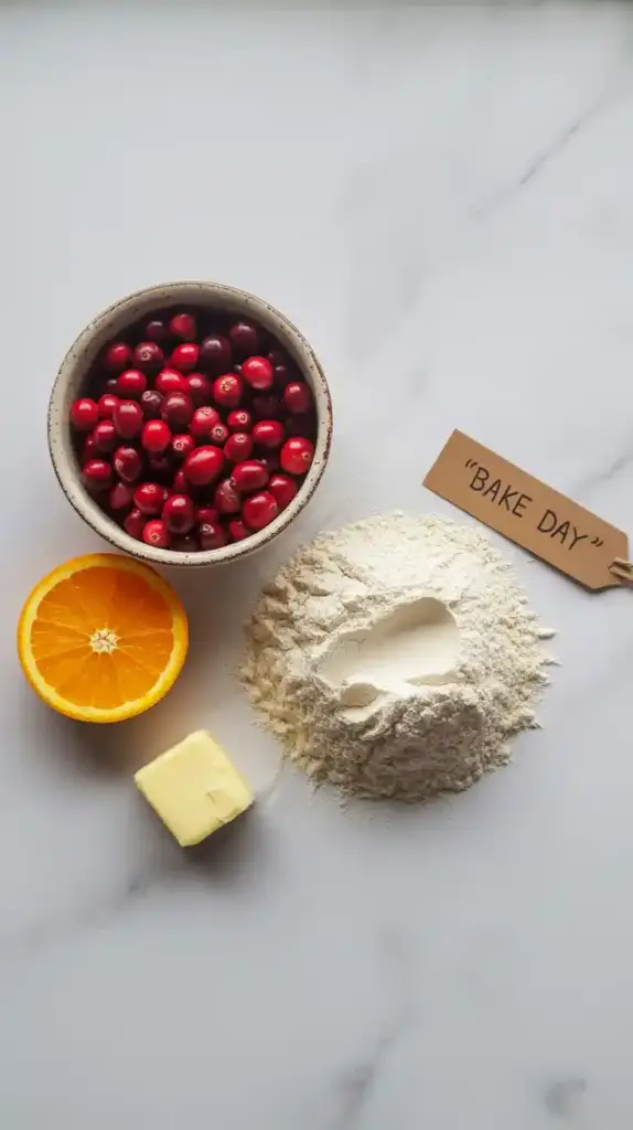The fresh ingredients for a cranberry orange loaf, including fresh cranberries, an orange, butter, and flour, arranged in a neat flat lay.

