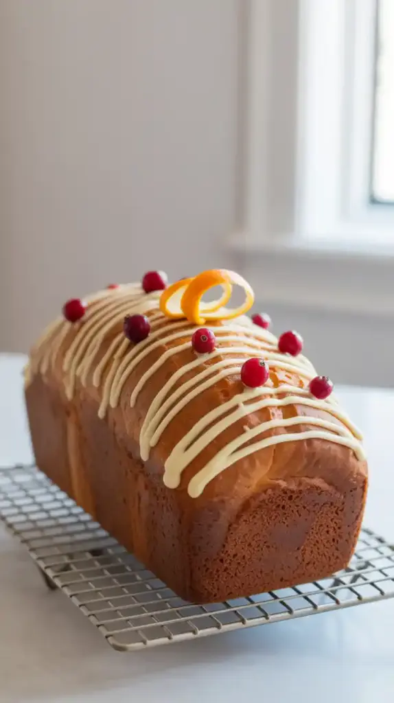 The full, finished cranberry orange loaf cake, decorated with a beautiful white chocolate drizzle and fresh garnishes.