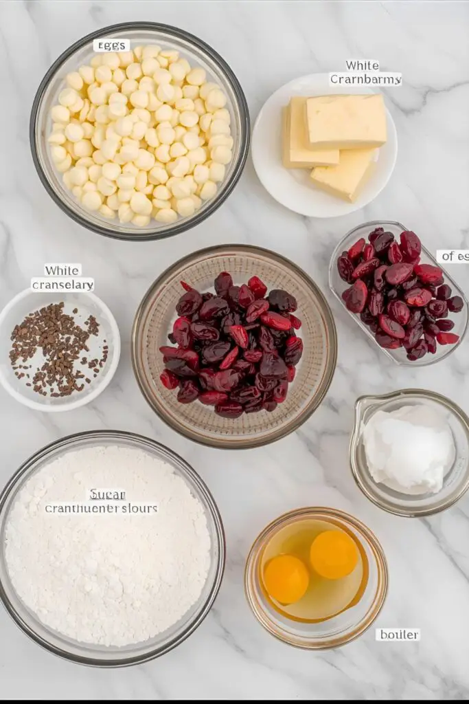 A clean, bright flat lay collage of ingredients for white chocolate cranberry cookies: a bowl of white chocolate chips, a bowl of dried cranberries, butter, sugar, eggs, and flour on a white marble surface.