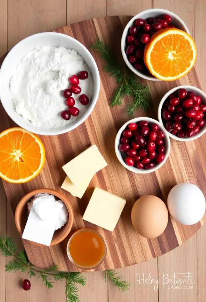 A cozy, festive flat lay of ingredients for a cranberry orange loaf cake: a bowl of flour, fresh cranberries, an orange with zest, butter, sugar, and eggs on a wooden board with holiday greenery.