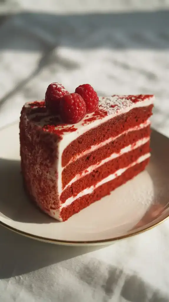 A delicious slice of red velvet cake with a thick and generous layer of homemade cream cheese frosting.