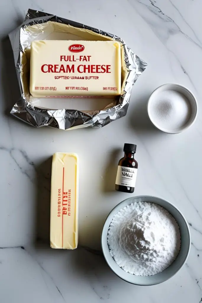 A flat lay of the key ingredients for cream cheese icing: a block of cream cheese, butter, powdered sugar, and vanilla.