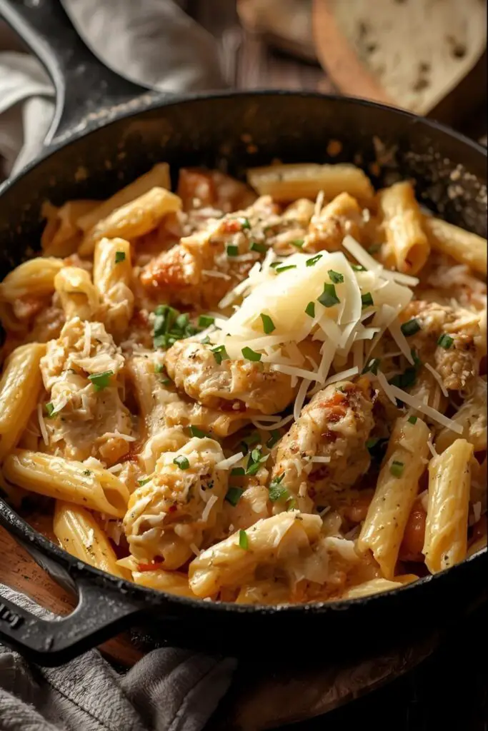 A close-up of a fork twirling creamy pasta next to a full skillet of the finished dish.