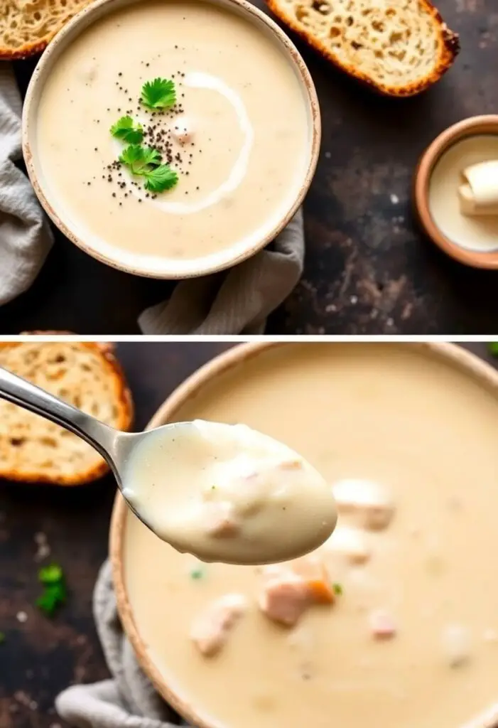 Two bowls of creamy chicken soup with different garnishes, one a close-up showing the creamy texture.