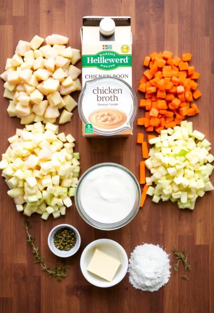 A flat lay of ingredients for creamy chicken soup: chicken pieces, onion, carrots, celery, garlic, broth, cream, flour, butter, and spices