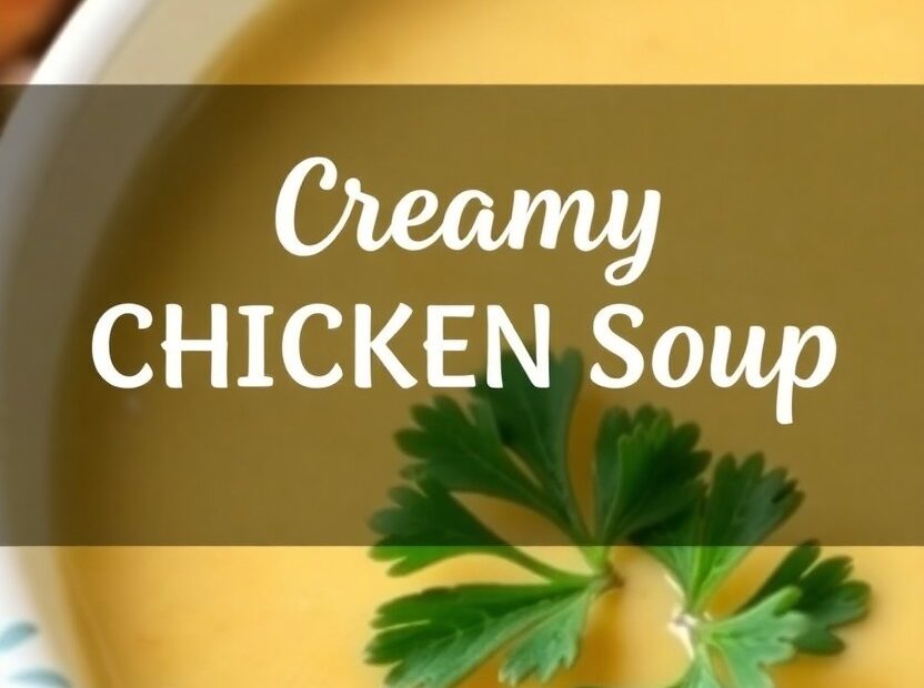 A bowl of thick, creamy chicken soup with visible chicken and vegetables, with the text overlay "Creamy Chicken Soup."
