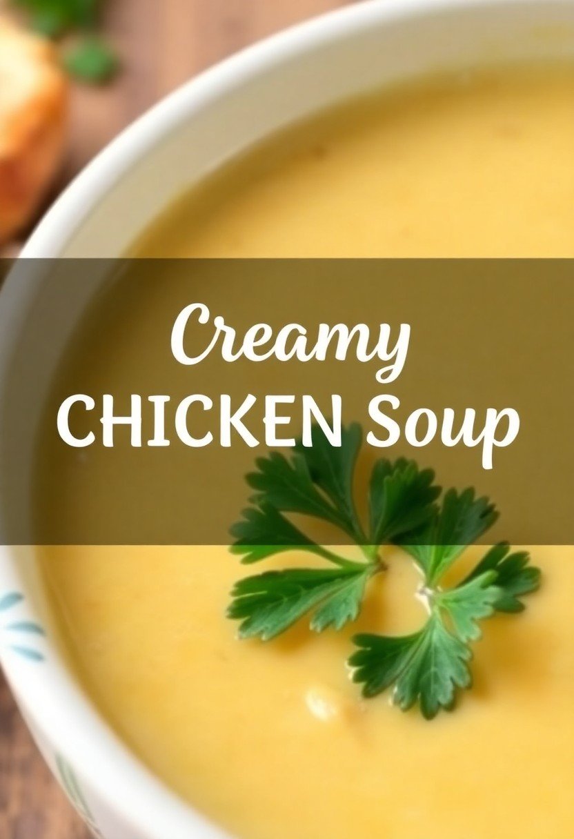 A bowl of thick, creamy chicken soup with visible chicken and vegetables, with the text overlay "Creamy Chicken Soup."