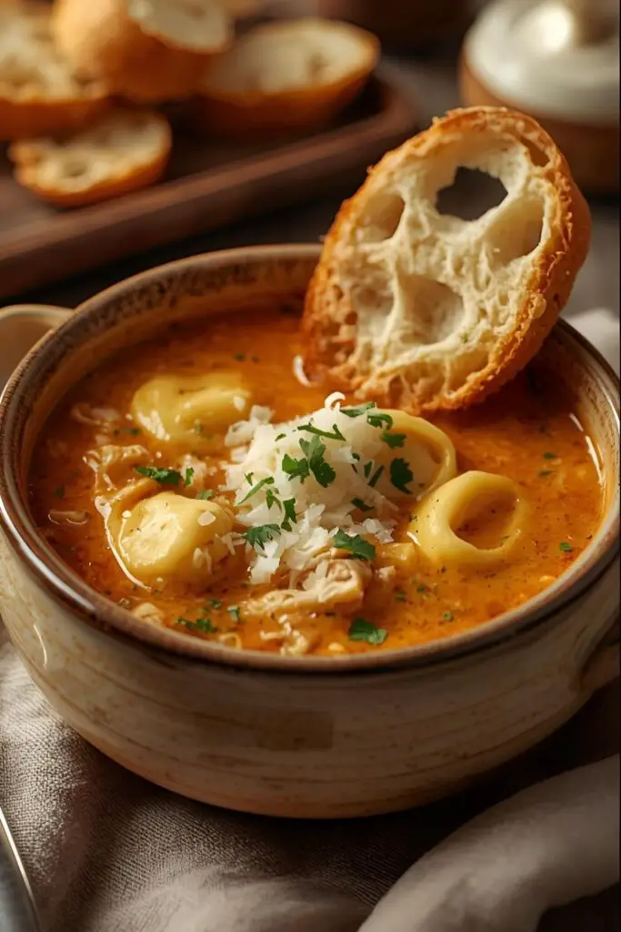 A close-up of a ladle scooping soup from a pot, next to a beautifully styled bowl of the finished soup.