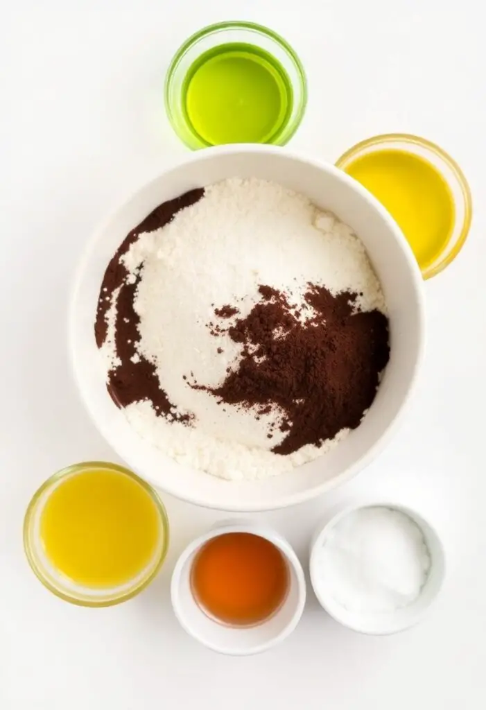 A neat flat lay collage of ingredients for chocolate crinkle cookies: a bowl of flour, dark cocoa powder, sugar, oil, eggs, and two small bowls of granulated and powdered sugar.