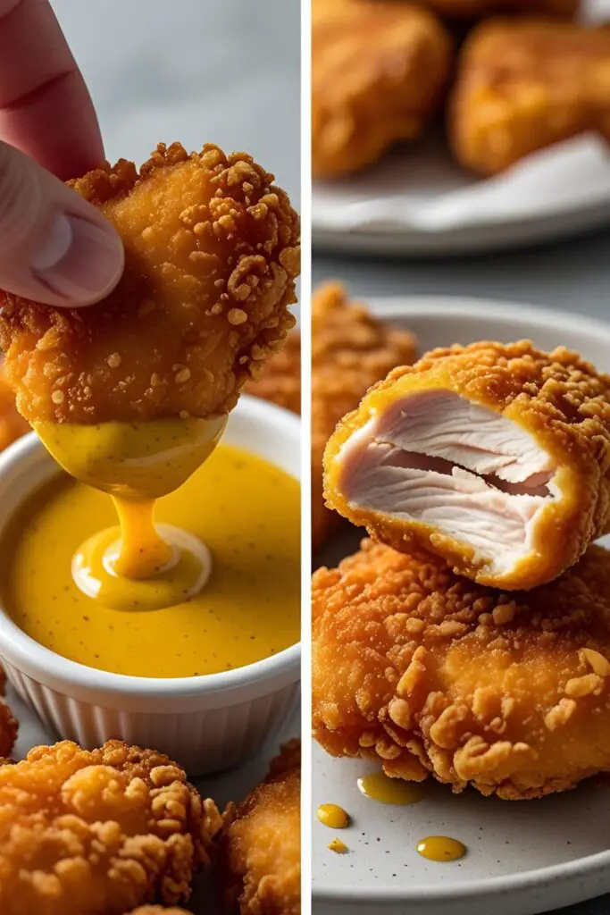 Two images of homemade chicken nuggets: one being dipped in sauce, and a close-up of the juicy interior of a bitten nugget.