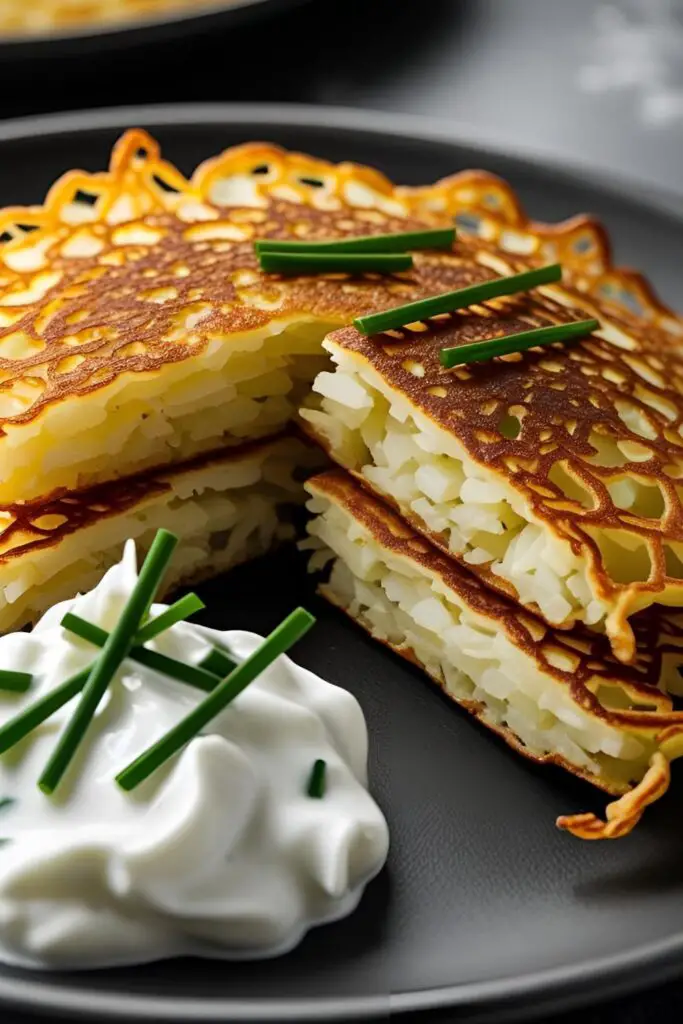A close-up photo of a crispy potato pancake being broken in half to show the lacy edges and tender inside.