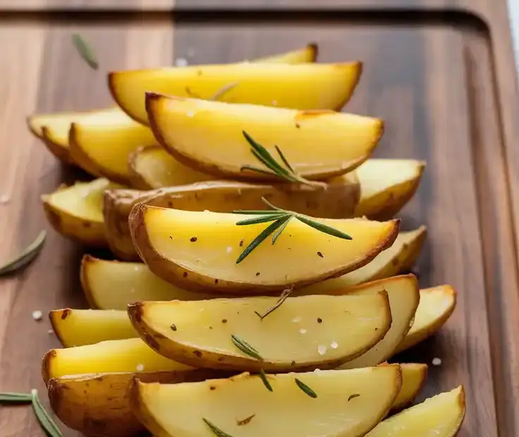 A close-up overhead shot of golden brown, crispy roasted potato chunks seasoned with herbs on a rustic wooden surface.