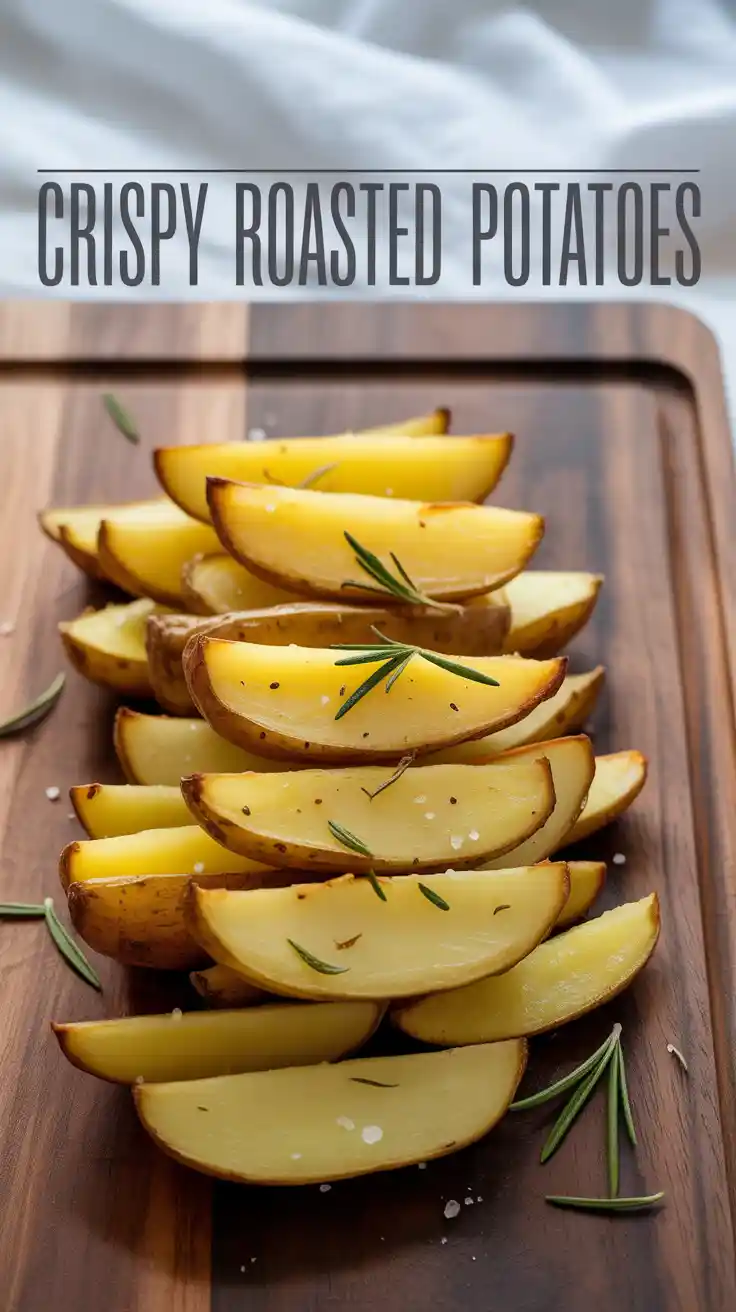 A close-up overhead shot of golden brown, crispy roasted potato chunks seasoned with herbs on a rustic wooden surface.