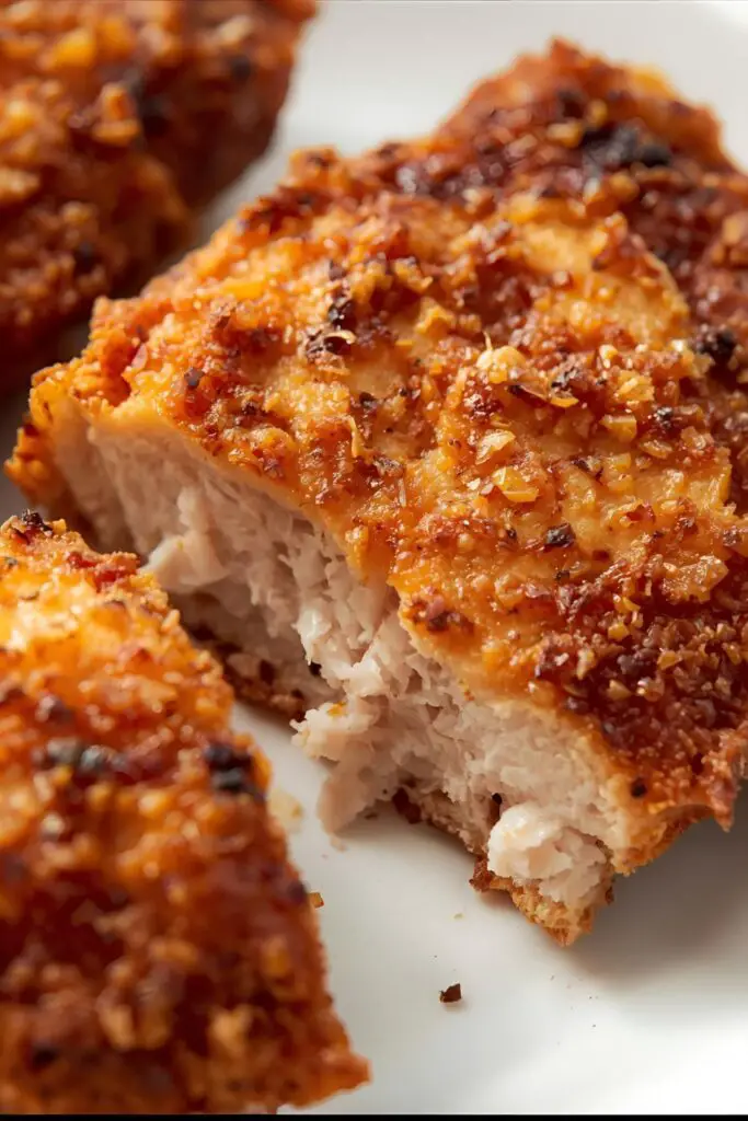 Close-up of a golden-brown, crispy fried pork chop showing its texture and juiciness, served on a plate.