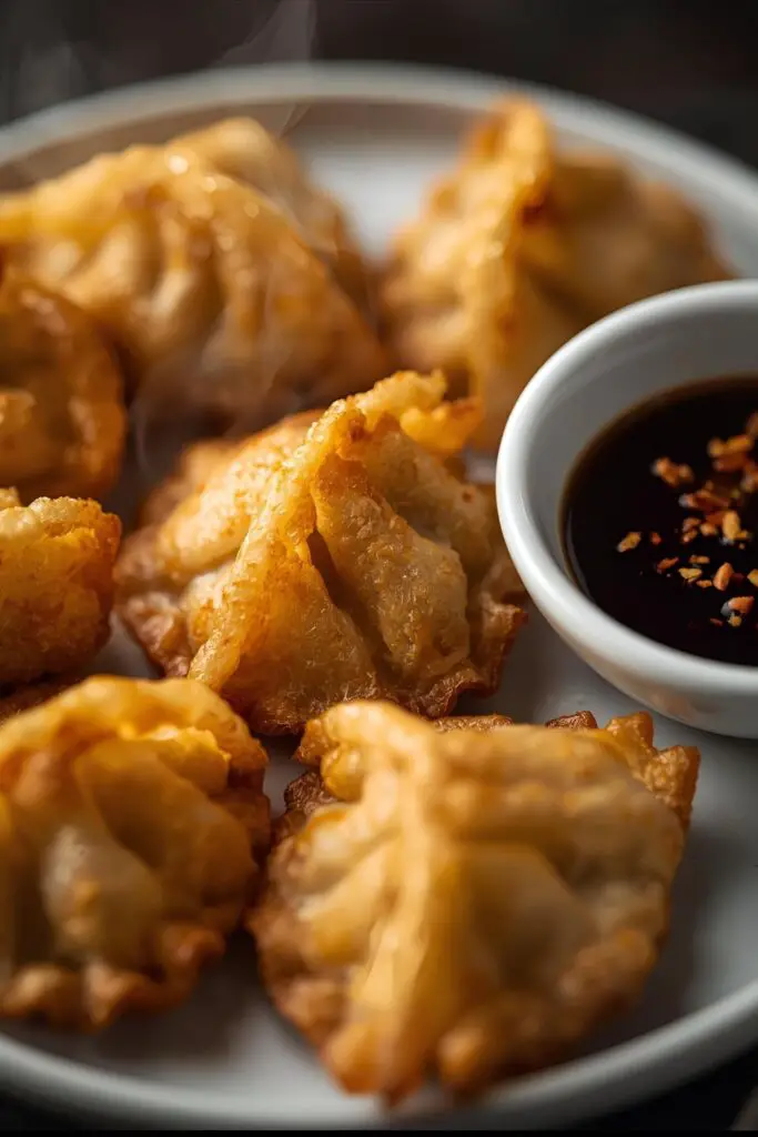  Close-up shot of crispy, golden-brown pan-fried wontons arranged on a platter with a side of dipping sauce