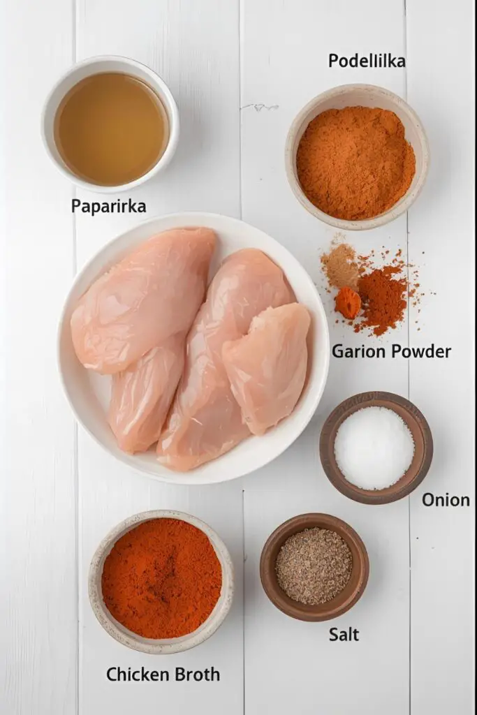 A flat lay of the simple ingredients needed for making crock pot chicken: chicken breasts, broth, and seasonings.