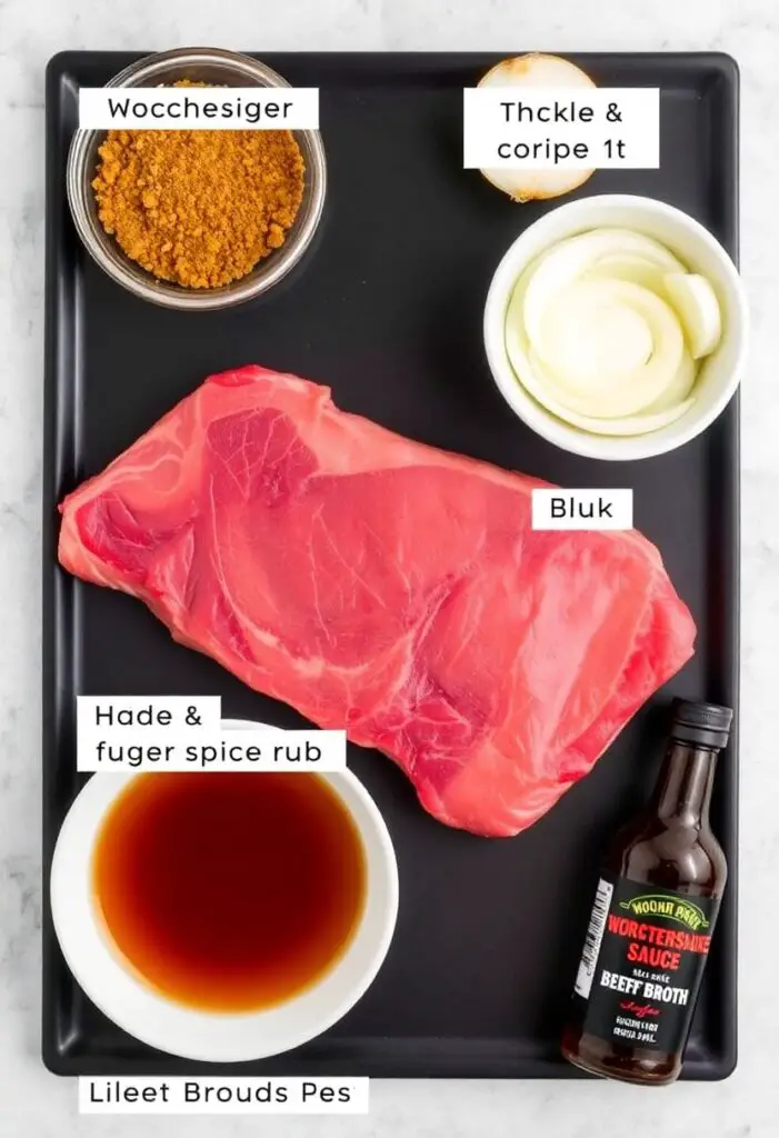 A neat flat lay collage of ingredients for Crock-Pot brisket: a raw beef brisket flat, a bowl of brown sugar spice rub, a sliced onion, beef broth, and Worcestershire sauce.
