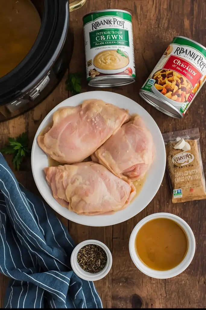 A flat lay of ingredients for crockpot chicken and gravy: chicken thighs, cream of chicken soup, chicken broth, onion soup mix, and seasonings.