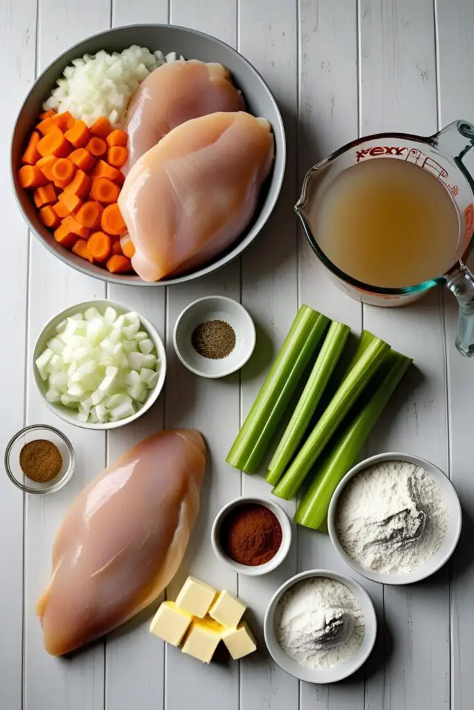 A flat lay of ingredients for crockpot chicken and dumplings, including raw chicken, vegetables, chicken broth, flour, butter, and milk.