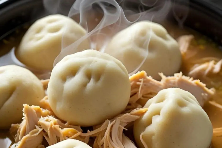 A hearty bowl of crockpot chicken and dumplings with fluffy dumplings and shredded chicken, with the text overlay "Easy Crockpot Chicken & Dumplings."