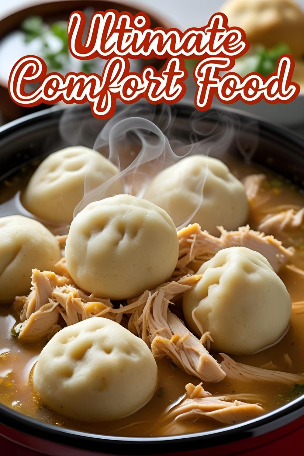 A hearty bowl of crockpot chicken and dumplings with fluffy dumplings and shredded chicken, with the text overlay "Easy Crockpot Chicken & Dumplings."