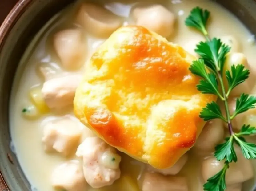 A comforting bowl of crockpot chicken pot pie with a flaky crust, with the text overlay "Crockpot Chicken Pot Pie."
