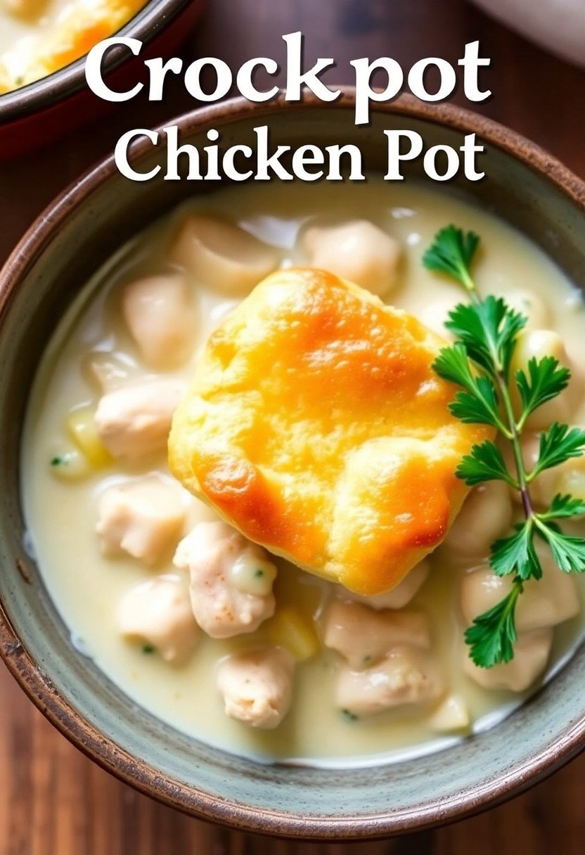 A comforting bowl of crockpot chicken pot pie with a flaky crust, with the text overlay "Crockpot Chicken Pot Pie."
