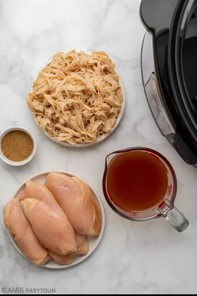 A flat lay of ingredients for crockpot shredded chicken: chicken breasts and chicken broth.