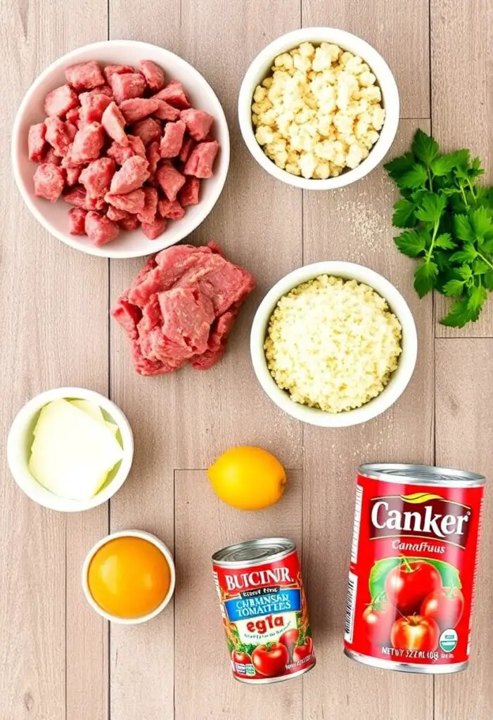 A rustic flat lay collage of ingredients for Crockpot meatballs: ground beef and pork, a bowl of breadcrumbs, Parmesan cheese, an egg, and a can of crushed tomatoes.