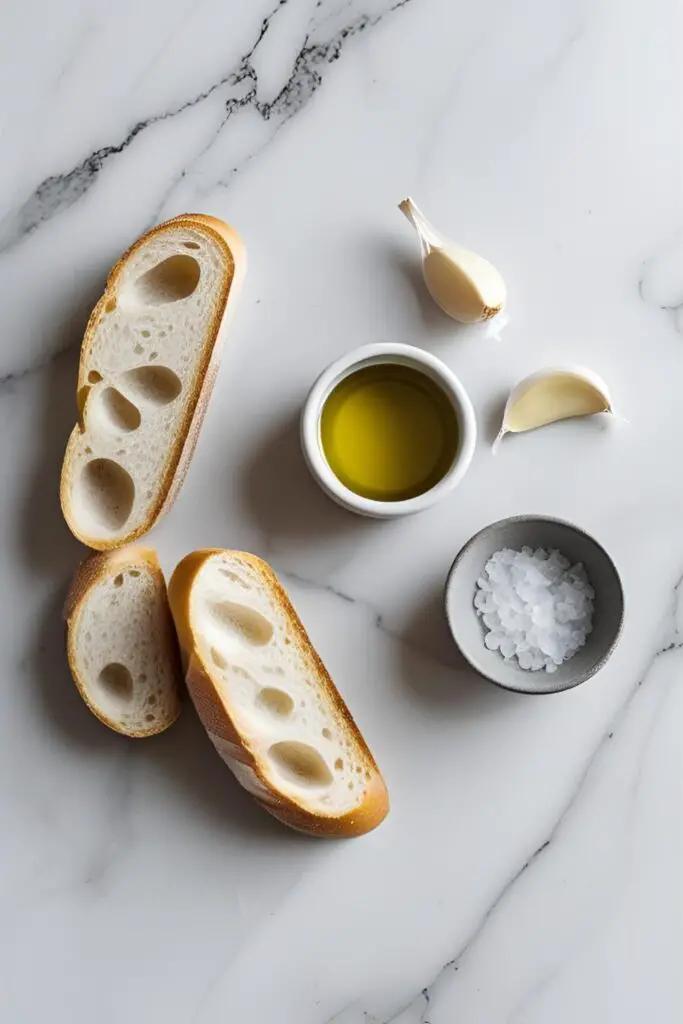 A minimalist flat lay of a French baguette, a bottle of extra virgin olive oil, a head of garlic, and flaky sea salt on a white marble background.