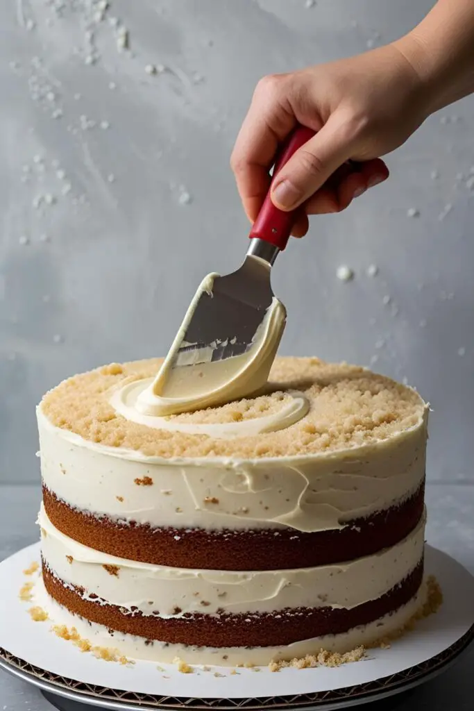 A close-up action shot of a hand using an offset spatula to apply a thin, messy crumb coat to the side of a chocolate layer cake.