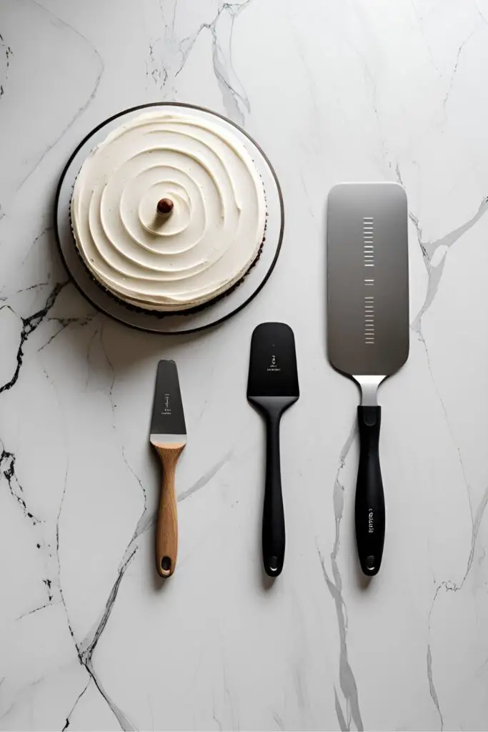 A flat lay of essential cake decorating tools: a cake turntable, an offset spatula, and a bench scraper on a clean marble background.