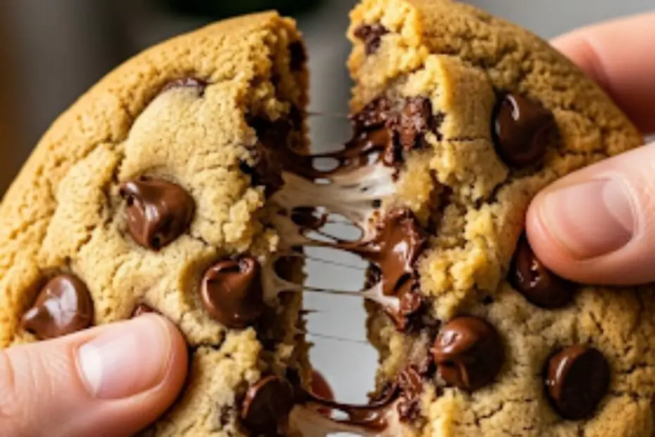 Text overlay "The Ultimate Crumbl Cookie Copycat" over a picture of a giant, thick milk chocolate chip cookie broken in half to reveal a gooey, melty center.