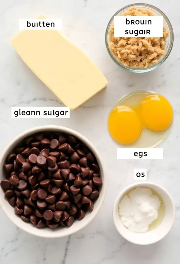 A flat lay collage of key ingredients for Crumbl copycat cookies: a block of cold butter, brown sugar, a bowl of large milk chocolate chips, eggs, and a small bowl of cornstarch.