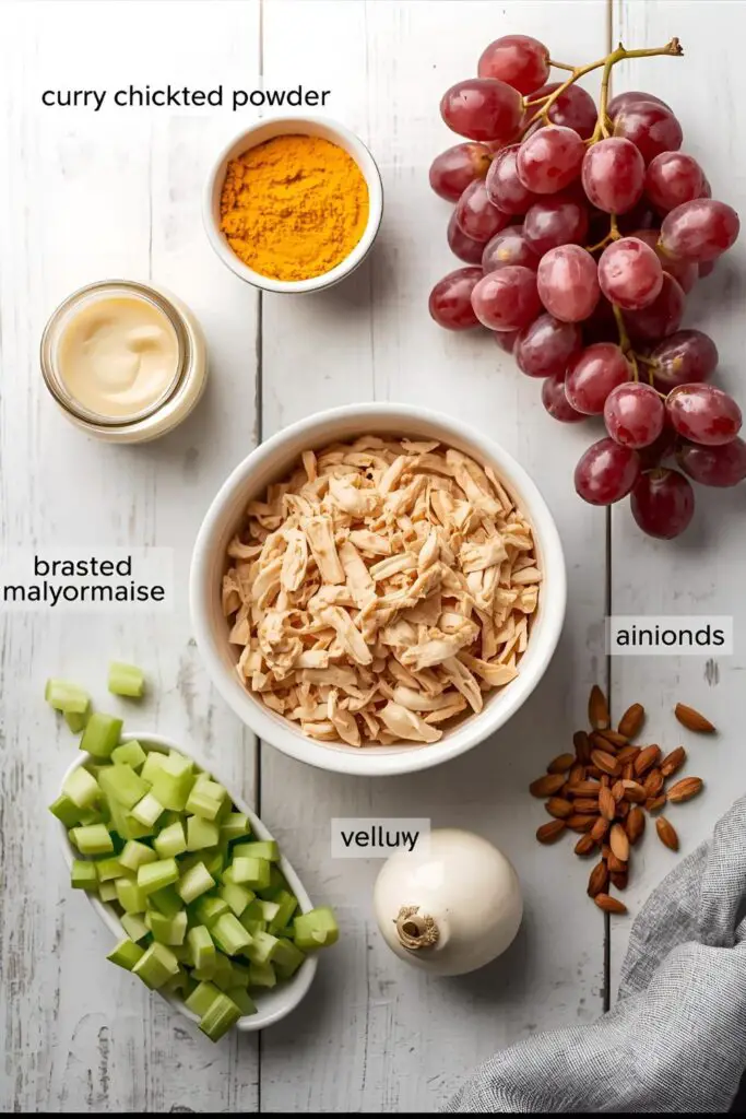 A flat lay of the colorful ingredients for curry chicken salad: chicken, curry powder, mayo, grapes, and almonds.