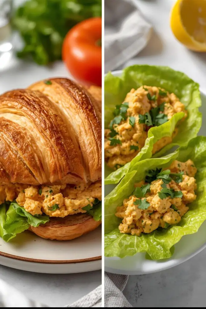 Two different ways to serve curry chicken salad: in a croissant sandwich and in a lettuce cup.